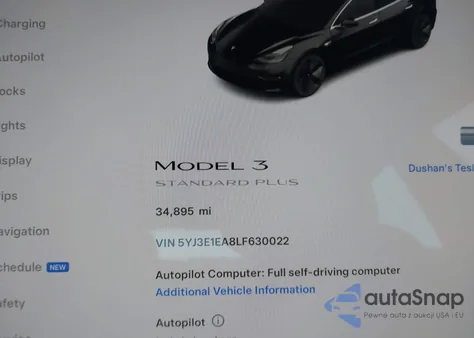 2020 Tesla Model 3 Standard Range Plus Rear-Wheel Drive/Standard Range Rear-Wheel Drive from USA, damaged, VIN 5YJ3E1EA8LF630022